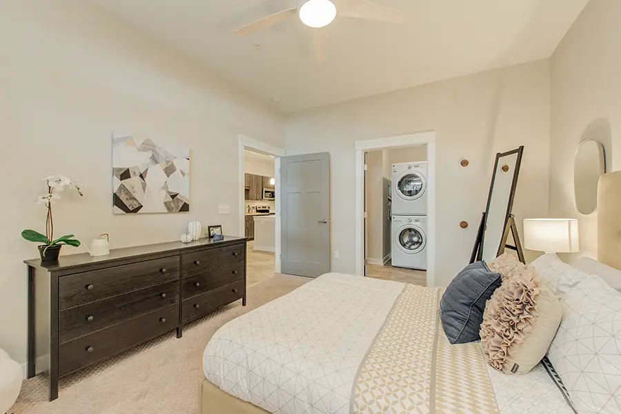 Seek shelter in a doorway during an earthquake if you live in an apartment like this one at Penrose On Mass Ave. An apartment bedroom view showing two doorways